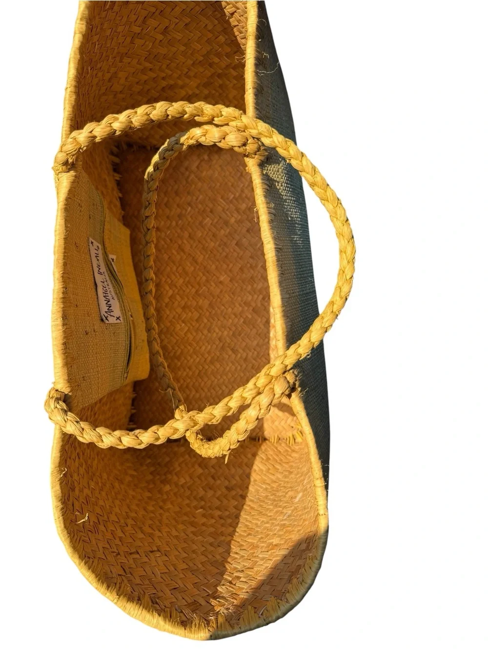 Annabel Ingall Butter Yellow Blue Raffia Tote Bag Handmade Madagascar Coastal